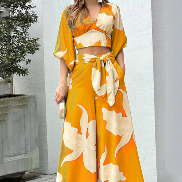 Europe and the United States 2025 Amazon New V-Neck Balloon Sleeve Cropped Top High Waist Wide Leg Pants Women's Spring Women's Suit