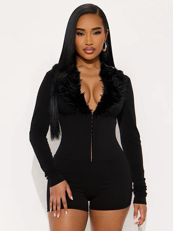 Cross-border autumn and winter new European and American clothing solid color sexy deep V imitation fur collar long sleeve slim hip jumpsuit for women
