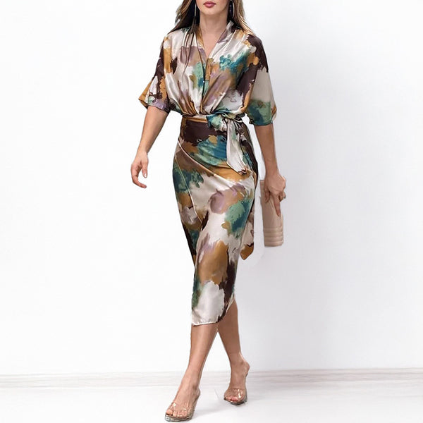 2025 Spring and Autumn Dresses, European and American Women's New Products, Elegant Prints, V-Neck Tie Waist Slim Dress