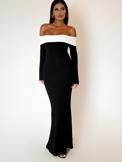 Cross-border European and American autumn and winter new women's fashion contrast one-shoulder slim long sleeve hip-hugging temperament mermaid dress