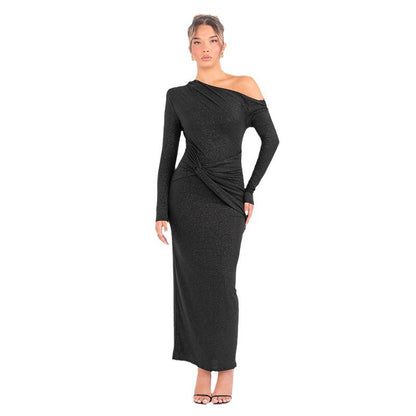 Cross-border autumn new products sexy slanted collar slim hip long skirt European and American women's solid color pleated long sleeve dress women