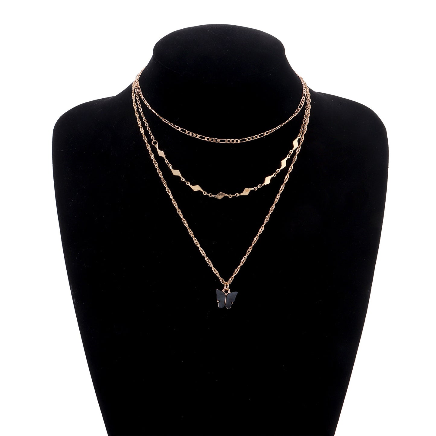 European and American cross-border jewelry acrylic black butterfly pendant necklace women's fashion geometric diamond piece double necklace