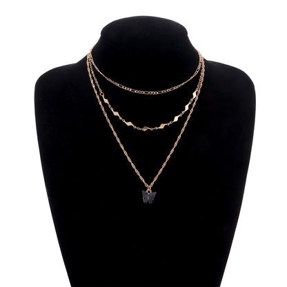 European and American cross-border jewelry acrylic black butterfly pendant necklace women's fashion geometric diamond piece double necklace