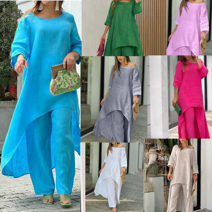 2026 New European Beauty Fashion Casual Solid Color Loose Irregular Long Sleeve Suit Wide-leg Pants Two-Piece Set 661