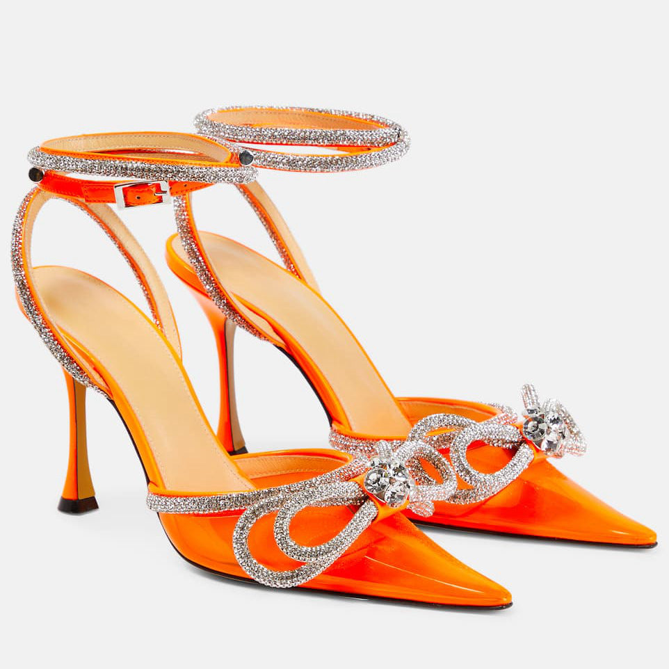 Transparent bow rhinestone high heel sandals pointed toe stiletto heels fashion European and American cross-border European and American style