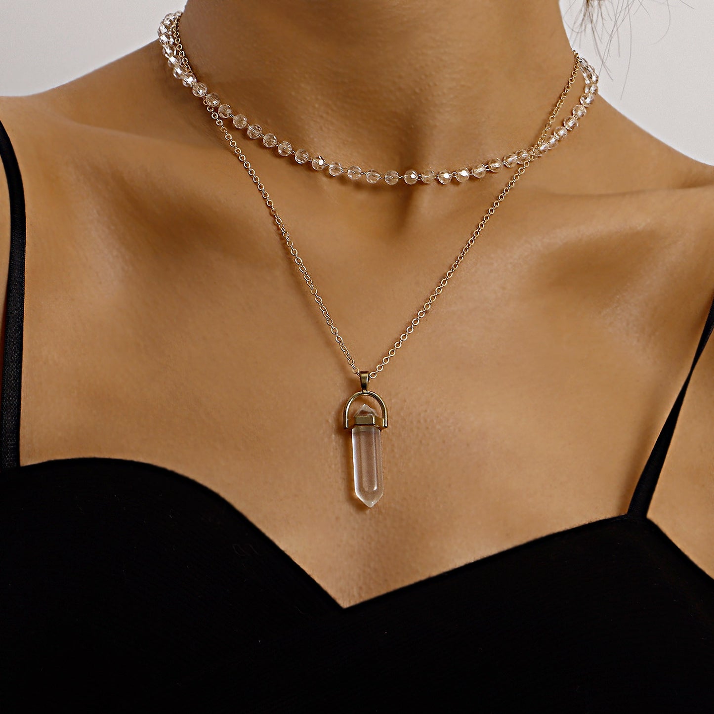 European and American cross-border jewelry fashion simple prismatic hexagonal column pendant necklace women's transparent glass bead chain necklace