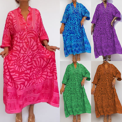 2025 Spring New European and American Cross-border Women's Temperament Commuting Fashion Women's Printed Loose Plus Size Dress Women