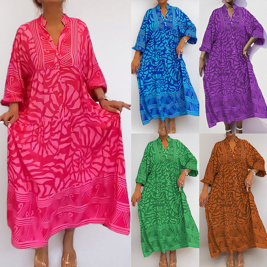 2025 Spring New European and American Cross-border Women's Temperament Commuting Fashion Women's Printed Loose Plus Size Dress Women