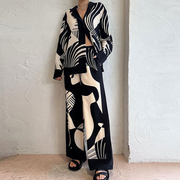 Foreign trade 2026 European and beautiful women's clothing new temperament trend lazy style printed shirt long sleeve fashion suit women's two