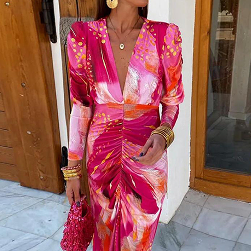 2026 spring-spring cross-border Amazon European and beautiful clothing temperament elegant and fashionable V-neck pleated waist dress