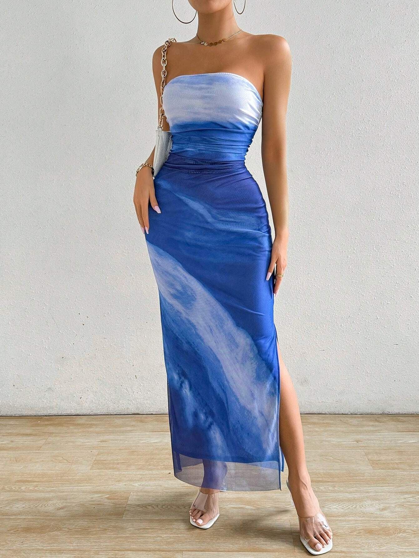Spot cross-border 2024 European and American Amazon mesh gradient ruffles sexy skinny slit strap bandeau long skirt