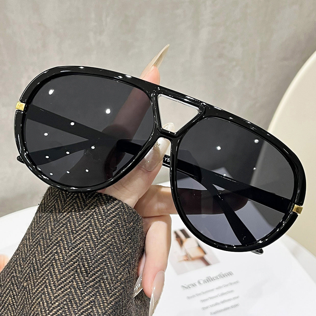 Large Frame Pilot Sunglasses for Women, New European and American Dual-Beam Personalized Sunglasses, Street Style Versatile Sun Protection Sunglasses