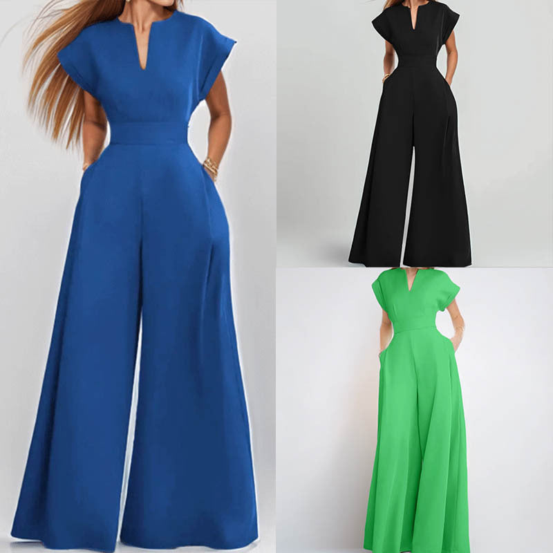 2026 Amazon European and American foreign trade women's loose fashion elegant short-sleeved V-neck solid color wide-leg European and American jumpsuit