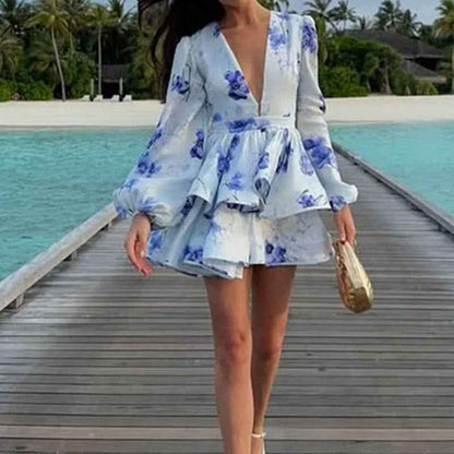 2026 European and American cross-border women's elegant and fashionable V-neck puff sleeve printed ruffled cropped European and American dress women
