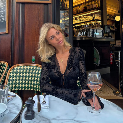 Cross-border new women's fashion chiffon shirt small fragrance style sexy see-through slim frilled flared sleeve top for women