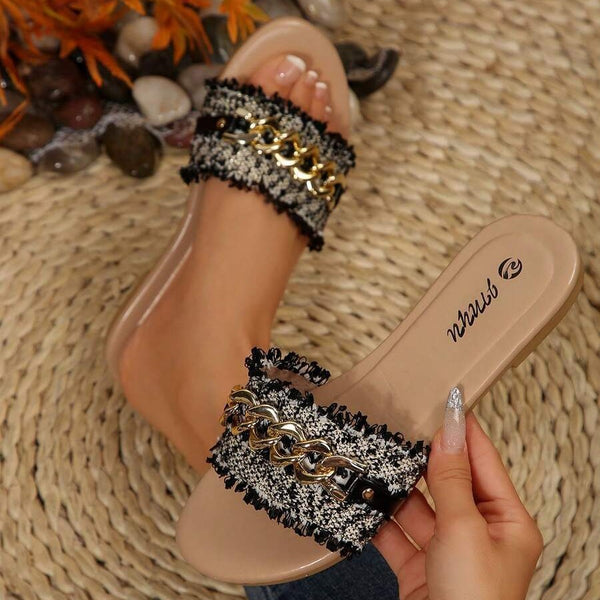 Cross-border women's shoes, new fashionable fabric slippers, chain buckle, versatile solid color metallic decorative round-toe flat sandals