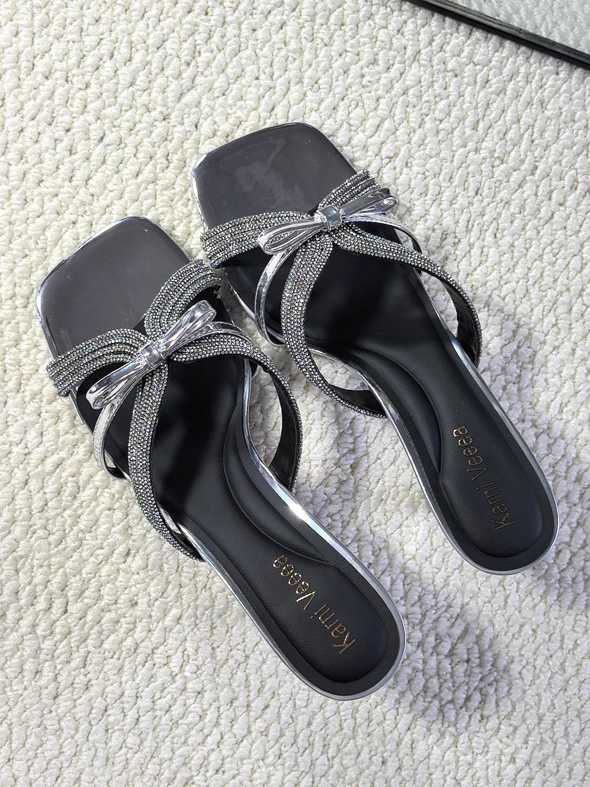 2026 thin heel square toe half-slipped sandals wear summer rhinestone high heels women's silver sandals Internet celebrity bow style