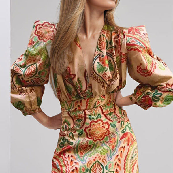 2025 spring new European and American women's clothing ethnic style V-neck long sleeves waist slimming design sense A-line skirt dress for women