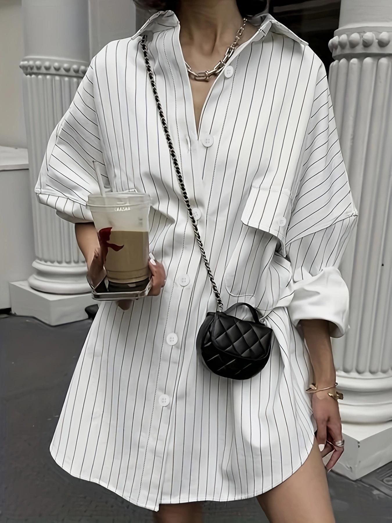Cross-border loose and lazy vertical stripe loose shirt for women, mid-length long-sleeve shirt for spring and summer
