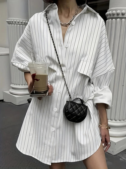 Cross-border loose and lazy vertical stripe loose shirt for women, mid-length long-sleeve shirt for spring and summer