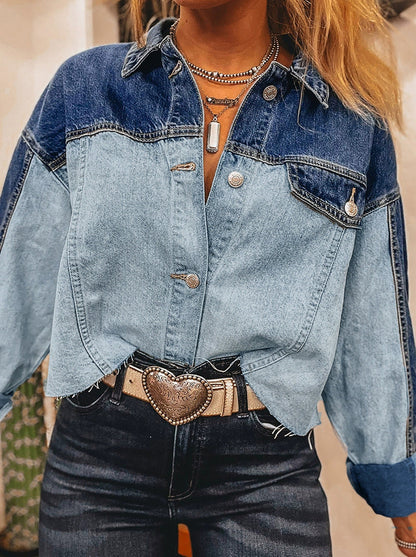 Cross-border foreign trade women's denim jacket color-blocked long sleeve button-down patchwork flap hem cropped denim jacket