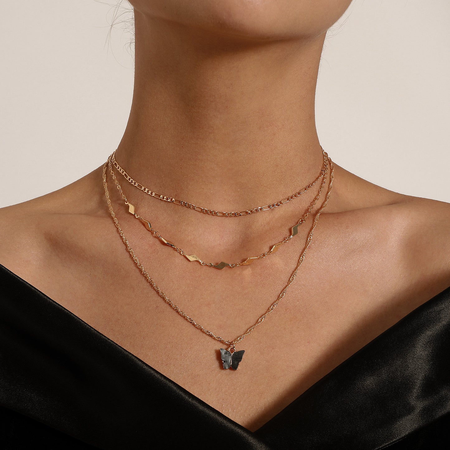 European and American cross-border jewelry acrylic black butterfly pendant necklace women's fashion geometric diamond piece double necklace
