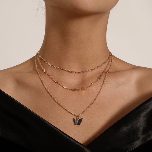 European and American cross-border jewelry acrylic black butterfly pendant necklace women's fashion geometric diamond piece double necklace