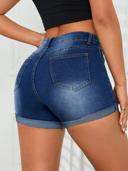 Women's jeans multi-process hemming design dark blue shorts stretch simple and versatile slim shorts