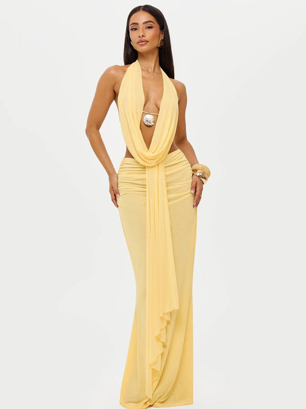 2025 new European and American outfits, sexy swinging neck, halterneck, open back top, pleated streamer, hip-hugging skirt, skirt suit for women