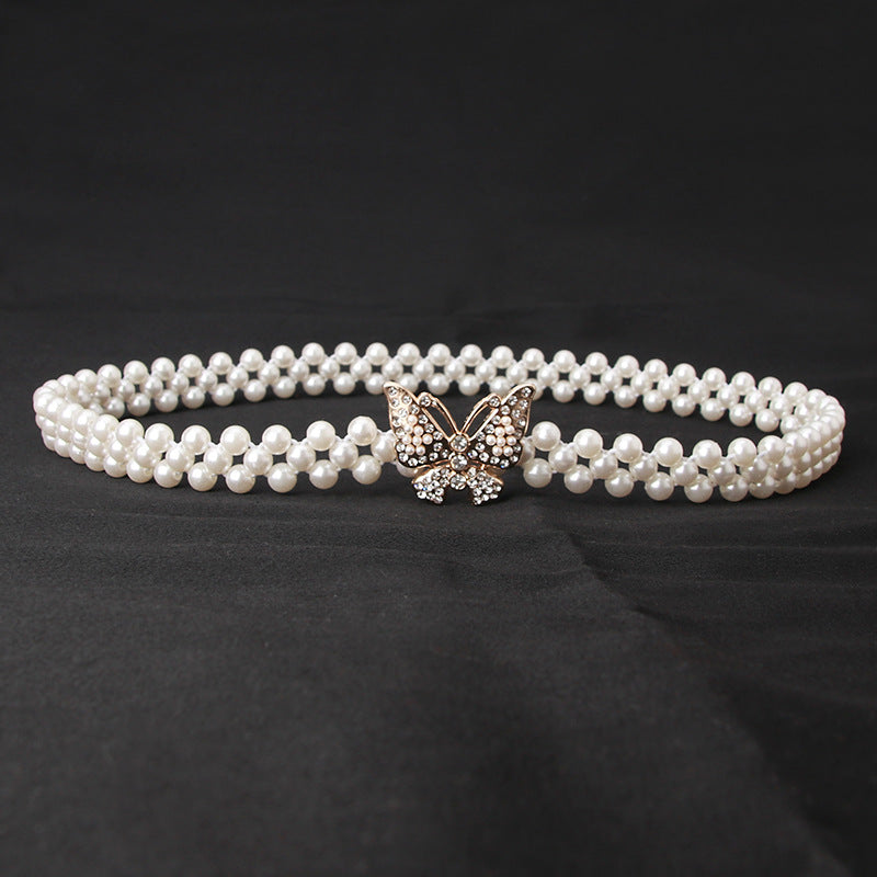 Ladies Pearl Belt Korean Version Rhinestone Pearl Embellished Belt Fashion Sweet Dress Elastic Belt Women Wholesale