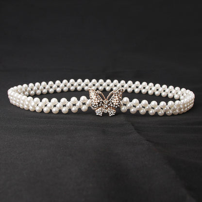 Ladies Pearl Belt Korean Version Rhinestone Pearl Embellished Belt Fashion Sweet Dress Elastic Belt Women Wholesale