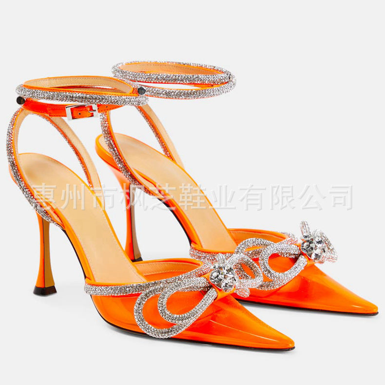 Transparent bow rhinestone high heel sandals pointed toe stiletto heels fashion European and American cross-border European and American style
