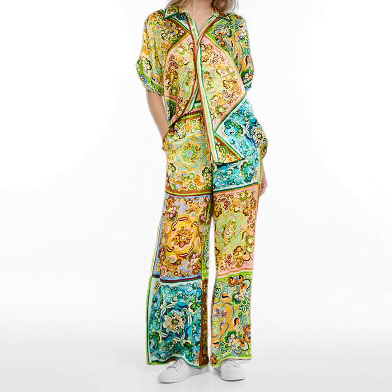 2025 cross-border Amazon women's clothing hot sale European and American AliExpress floral print lace-up short sleeve fashion suit women