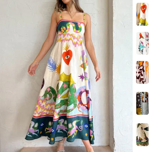 Spring 2026 European and American women's new elegant high-waisted printed suspender casual fashion dress