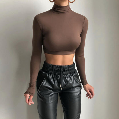 European and American INS style women's clothing 2021 autumn new long-sleeved T-shirt high-neck short navel crop sexy slim base dress for women