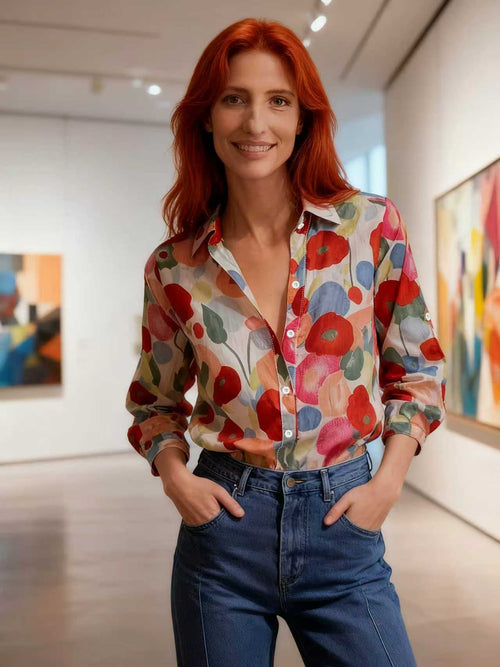 Women's floral printed shirt Amazon bestseller, elegant and fashionable long-sleeve hot-selling floral bold top