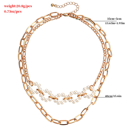 European and American cross-border jewelry, double-layer paper clip, slub chain, pearl flower necklace, women's ins-style anchor necklace