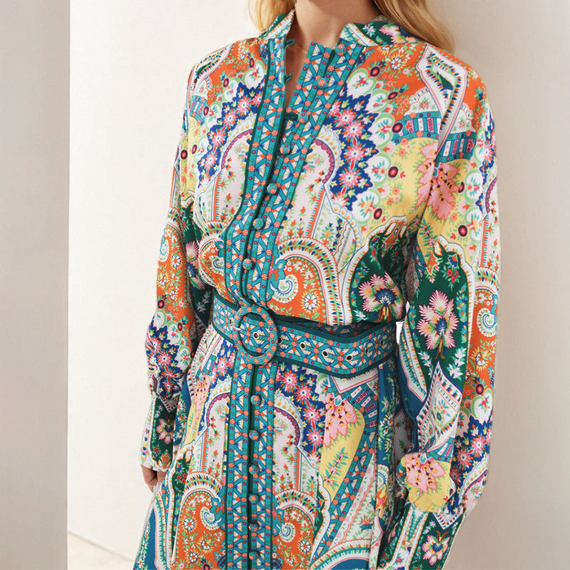 2025 Amazon Foreign Trade European and American Cross-border Women's French Vintage Print V-neck Long Sleeve Pleated European and American Dress