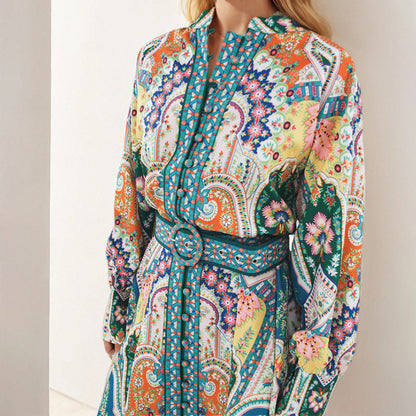 2025 Amazon Foreign Trade European and American Cross-border Women's French Vintage Print V-neck Long Sleeve Pleated European and American Dress