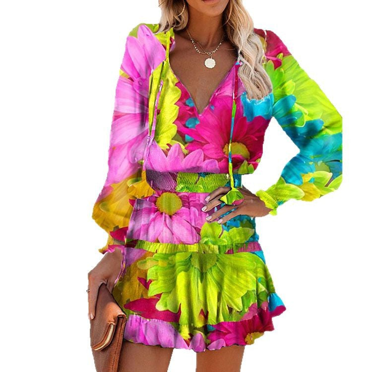 2025 Autumn Cross-border Women's Clothing European and American Autumn New Contrast Color Print Waist Cinched Long Sleeve Dress Women's 661