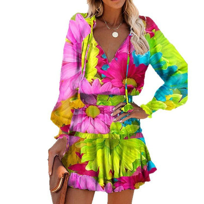 2025 Autumn Cross-border Women's Clothing European and American Autumn New Contrast Color Print Waist Cinched Long Sleeve Dress Women's 661