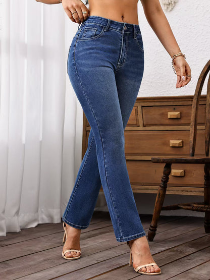 High-waisted embroidered jeans, rich denim blue, tummy control, hips lifting, European-American style high-waisted slightly flared embroidery