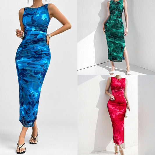 Amazon's new women's clothing spring 2026 temperament is elegant sleeveless slit waist with sexy print fashion dress