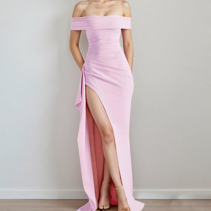 Cross-border 2025 summer new cross-border European and American fashion bandeau one-line collar backless backless long-sleeved solid color dress