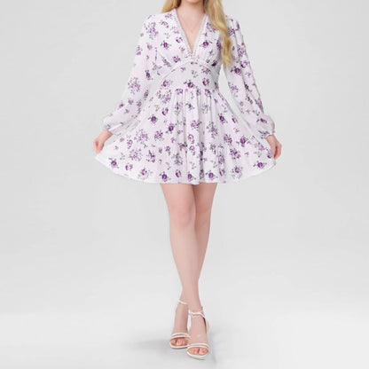 2026 spring new cross-border European and beautiful women's clothing temperament sweet printed V-neck lace waist short dress