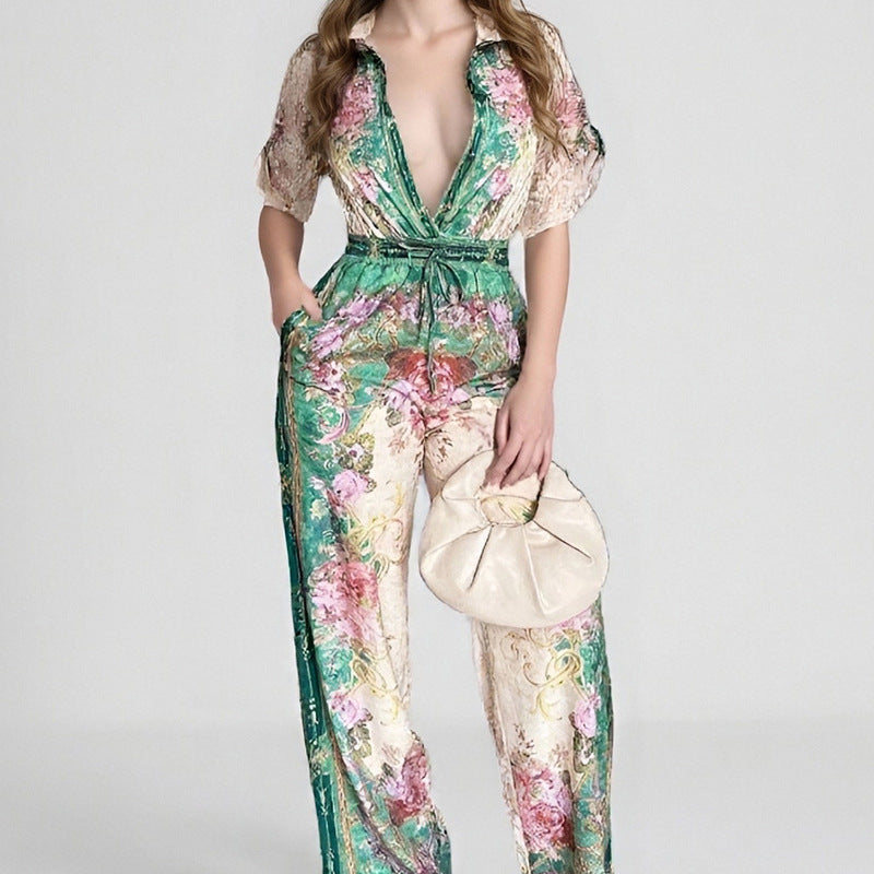 2025 new cross-border Amazon European and American fashion elegant style long short-sleeved printed jumpsuit