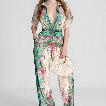2025 new cross-border Amazon European and American fashion elegant style long short-sleeved printed jumpsuit