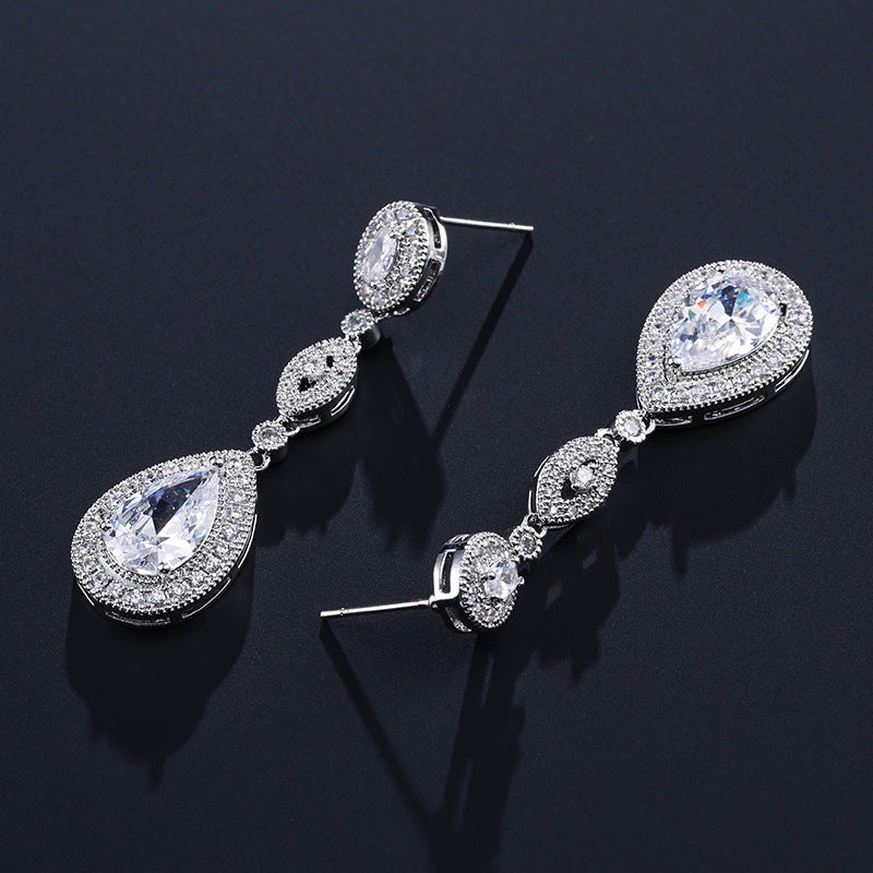 RAKOL European and American Classic Vintage Long Water Drop Zircon Earrings Feminine Bridal Banquet Dress Wedding Dress Earrings