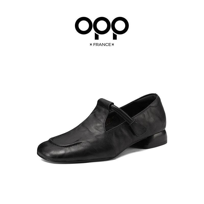 OPP Single Shoes Women's Low Heel Autumn Women's Shoes 2025 New Black Shoes Shallow Flat Toe Genuine Leather Women's Leather Shoes