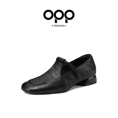 OPP Single Shoes Women's Low Heel Autumn Women's Shoes 2025 New Black Shoes Shallow Flat Toe Genuine Leather Women's Leather Shoes